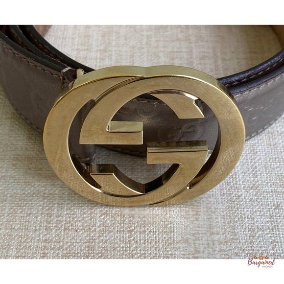 Authentic Gucci Rose Metallic Guccissima Leather Gold Interlocking G Buckle Belt - Picture 2 of 13